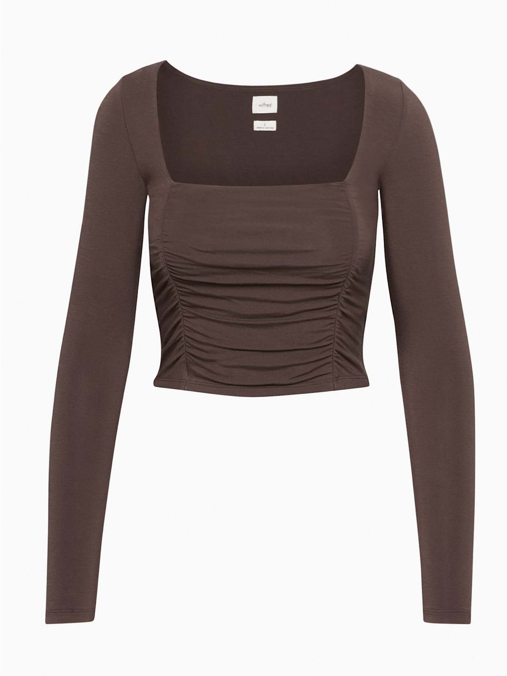 Aritzia Wilfred Lydia Top Ruched Square-Neck Long Sleeve Crop Top - Brown Sz L